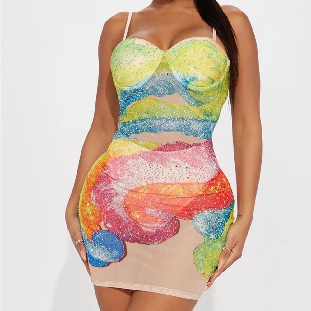 Colorful Abstract Rhinestone Bodycon Dress Fashion Nova